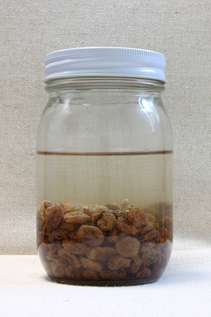 広口瓶に詰められたレーズンと水