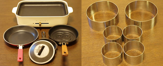  ２枚組み調理器具写真 　フライパン３本　ホットプレート　円形の型、大小６点