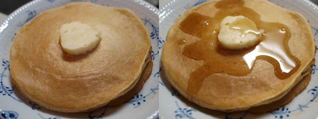 パンケーキ２枚組写真　右・メープルシロップのかかっているもの　左・かかっていないもの