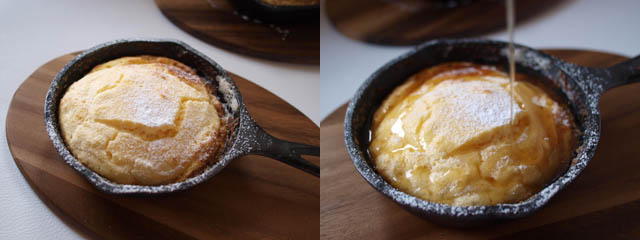 2枚組写真　フライパンに入ったリコッタスフレパンケーキ
　左・シロップのかかっていないもの　右・シロップをかけている写真